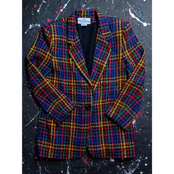 Oleg Cassini Jackets & Blazers - Vintage Oleg Cassini women's rainbow tweed one-button blazer suit jacket RARE